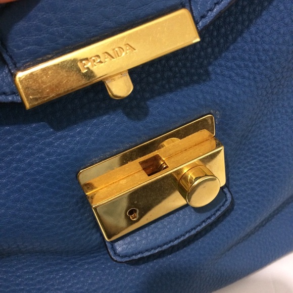 Prada Authentic Satchel Bag Pebbled Leather Blue - Picture 10 of 15
